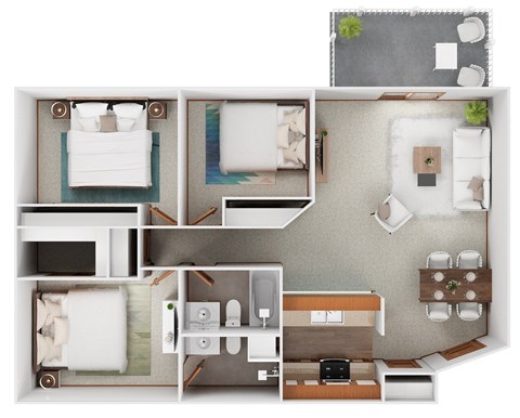 Floor plan for 3 beds, 2 baths, 1050 sqft